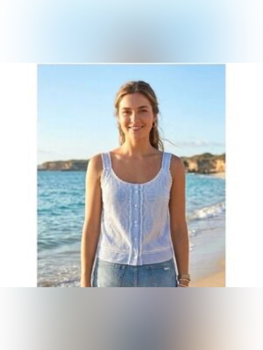 NWT Sundance blue and white embroidered eyelet lace tank top size large